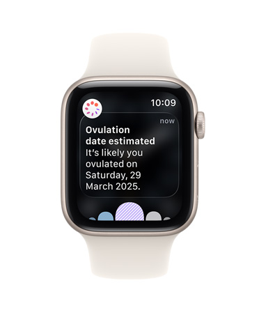 Apple Watch SE 3, aluminium case, starlight colour, ovulation date estimation notification from Cycle Tracking in Health app, Digital Crown, Sport Band, starlight colour