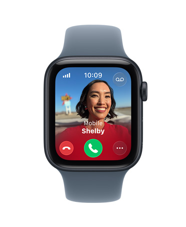 Apple Watch SE 3, aluminium case, midnight colour, incoming call, contact photo, accept and decline call buttons, right side exterior, Digital Crown, Sport Band, purple fog colour