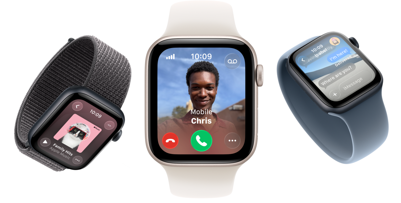 Apple Watch SE 3 devices, aluminium cases, starlight and midnight colours, Braided Solo Loop, turmeric colour, Solo Loop, neon yellow colour, Sport Loop, basalt black colour, screens: Apple Pay, Control Centre, Apple Music