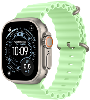 Apple Watch Ultra 3, natural colour, titanium case, Orienteering watch face, complications: UV Index, Activity, Satellite, Compass, right side exterior, Digital Crown, microphone, side button, Ocean Band, neon green colour