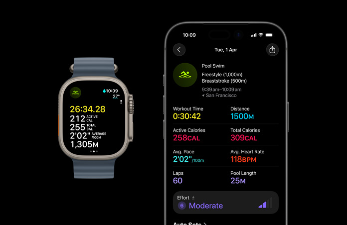 Apple Watch Ultra 3, natural colour, titanium case, Ocean Band, anchor blue colour, active Swim workout, larger workout metrics breakdown on iPhone