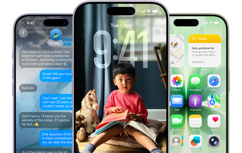 iPhone 17 devices, front exterior, colours: mist blue, lavender, sage, iOS features — Background with messages, Liquid Glass showing the Lock Screen and Home Screen with various apps displayed