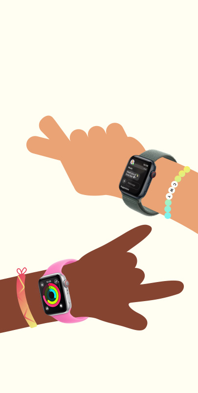 Illustration of two childrens’ hands. Each is wearing an Apple Watch SE.