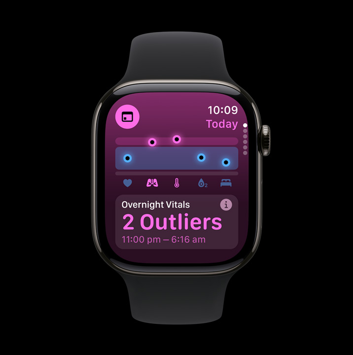 A Vitals app screen on Apple Watch Series 10 showing data collected overnight.