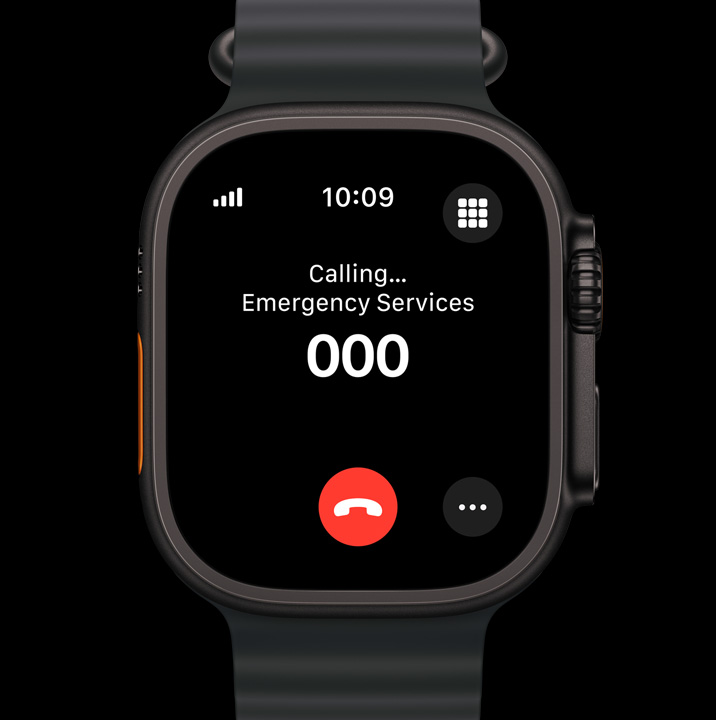 An Apple Watch Ultra 2 with a screen calling emergency services.