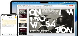 iPhone 16 Plus с подчертан текст в приложението Бележки, Macbook Air с отворен Keynote слайд, текстът от приложението Бележки се вижда на слайда