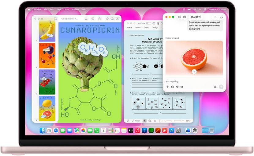 MacBook Neo, цвят руж, използва ChatGPT за генериране на изображение на грейпфрут, други прозорци съдържат документ на Keynote, озаглавен „Молекулни постери“ с изображения на плодове и зеленчуци и свързани с тях молекулни съединения, както и свързан документ на Microsoft Word.