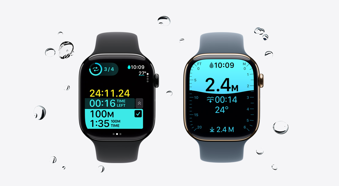 Apple Watch Series 11 устройства, корпуси от алуминий и титан, цветове полирано смолисточерно и златно, приложение Тренировки, проследяващо плуване, водни капки се плъзват от часовника, Sport Band каишки, цветове черно и метално синьо