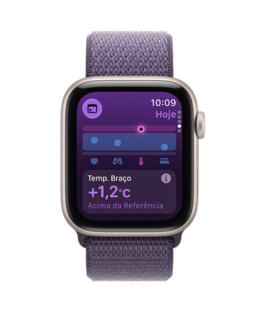 Apple Watch SE 3 com caixa estelar de alumínio e pulseira loop esportiva roxo-névoa, app Sinais Vitais, gráfico de pontuação de saúde, notificação de valores atípicos de sinais vitais noturnos, Digital Crown no lado direito