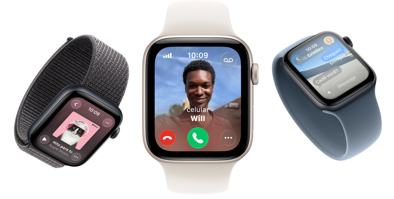Aparelhos Apple Watch SE 3 com caixa de alumínio nas cores estelar e meia-noite, pulseira loop solo trançada cúrcuma, pulseira loop solo amarelo-néon, pulseira loop esportiva cinza-escura, telas: Apple Pay, Central de Controle, Apple Music