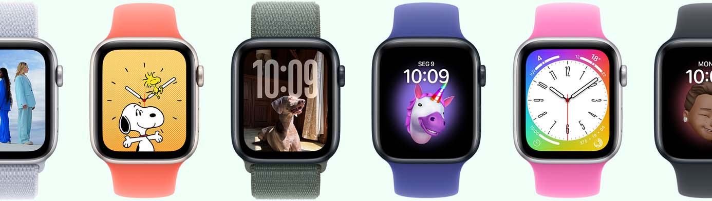 Diversos relógios Apple Watch mostrando diferentes opções de mostrador.
