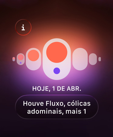 Acompanhamento de Ciclo no app Saúde, com pontos laranjas e roxos destacando diferentes sintomas da menstruação.
