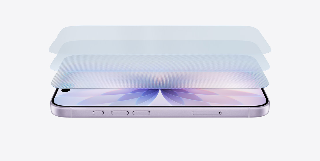 Imagem horizontal do iPhone 17 lavanda, com design em camadas que mostra o Ceramic Shield 2