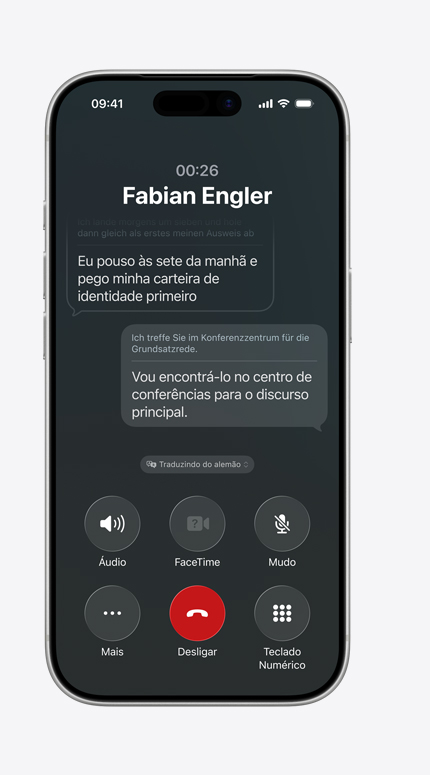 Tela do iPhone mostrando a Tradução ao Vivo de uma mensagem do alemão para o inglês