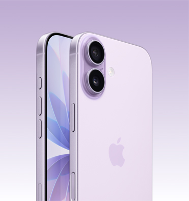 Parte da tela e ângulo lateral do iPhone 17 na cor lavanda mostrando o botão de Ação, o botão de volume e o botão lateral. Imagem da parte de trás que mostra o sistema avançado de câmera dupla no canto superior esquerdo