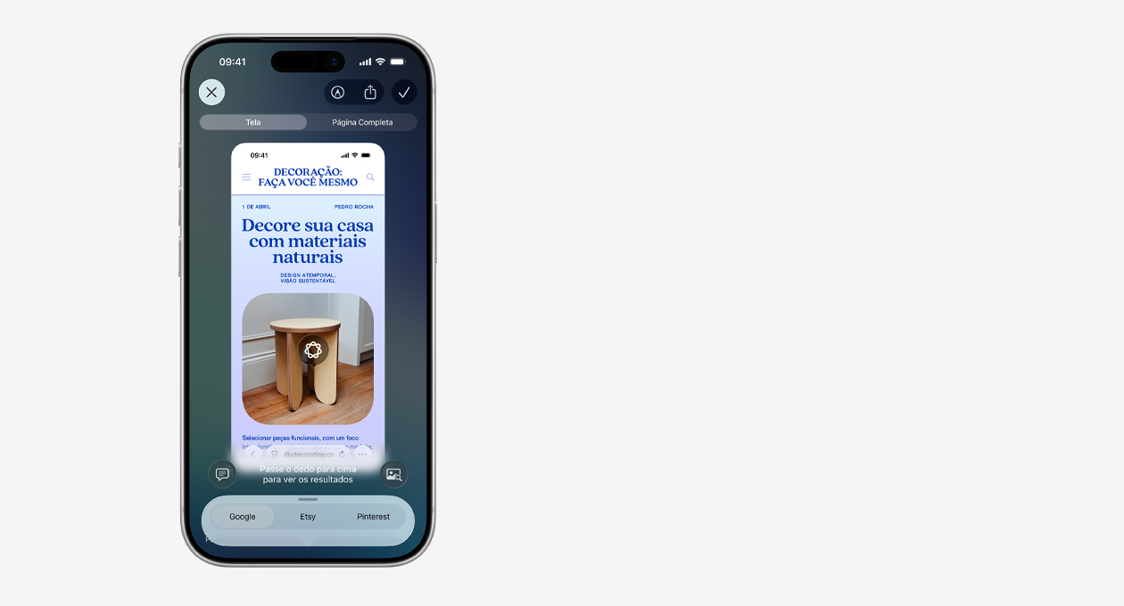 O iPhone mostrando um conjunto de imagens com diferentes luminárias em formato de cogumelo da Etsy, ao lado das abas do Google e do Pinterest.