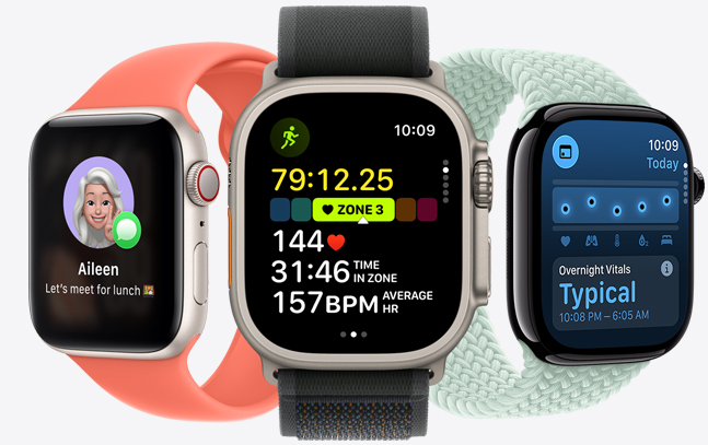 Três modelos de Apple Watch: no centro, na cor natural com pulseira preta e mostrador exibindo o progresso de uma corrida com estatísticas de frequência cardíaca, à direita, na cor preta brilhante com pulseira água-marinha e mostrador exibindo os sinais vitais, à esquerda, na cor estelar com pulseira tangerina e mostrador exibindo um Genmoji.