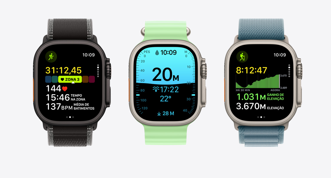 Telas do app Exercício no Apple Watch Ultra 3: corrida, mergulho com cilindro, ciclismo
