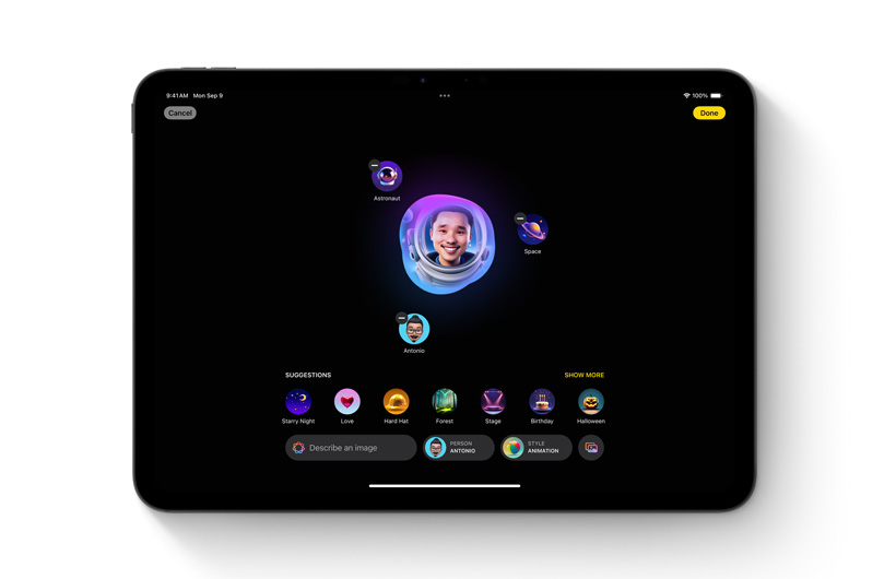 Image Playground app is shown on iPad. A custom image in the center is surrounded by different ideas and keywords used to make it.