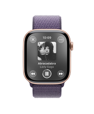 Apple Watch Series 11, rose gold colour, aluminum case, Apple Music controls, workout playlist, right side exterior, Digital Crown, band, purple fog Sport Loop