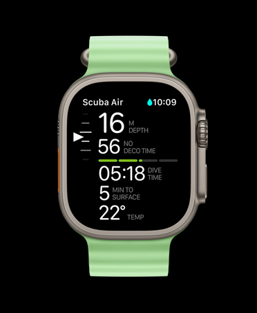 Apple Watch Ultra 3, natural colour, titanium case, Oceanic+ dive metrics: depth, deco time, dive time, minutes to surface, water temperature, Ocean Band, neon green colour