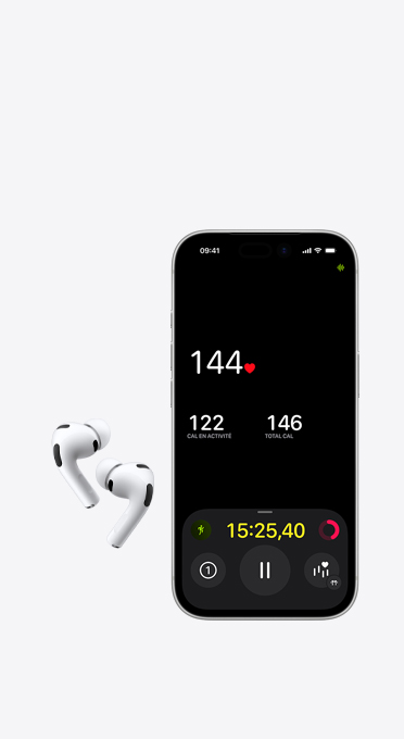 Écouteurs sans fil gauche et droit à côté d’un iPhone dont l’écran affiche un moniteur de fréquence cardiaque