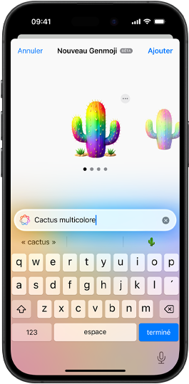 Aperçu d’un Genmoji d’après une requête qui dit, cactus arc-en-ciel