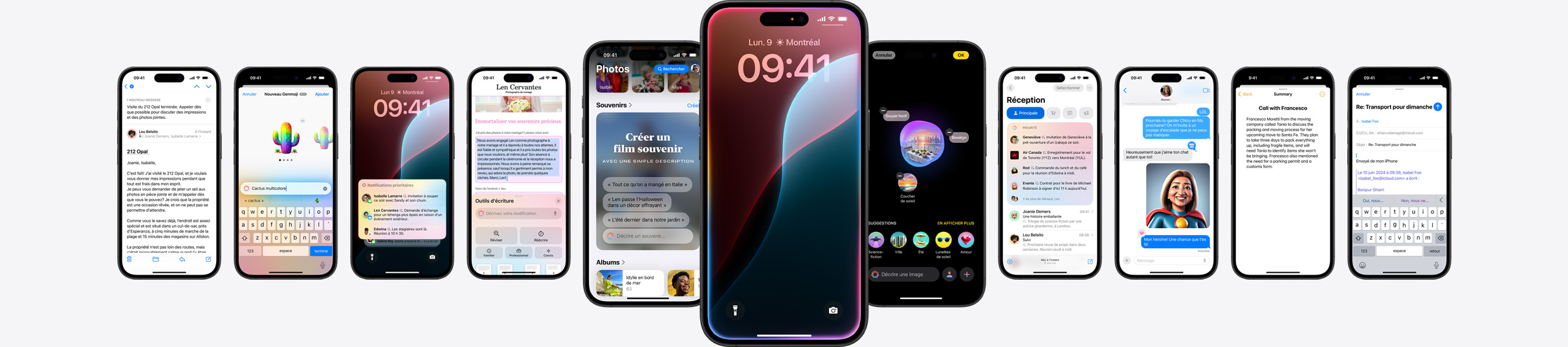 Image statique d’un grand nombre d’iPhone affichant des fonctionnalités Apple Intelligence.