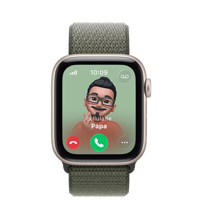 Apple Watch SE 3, boîtier en aluminium, comète, appel entrant de Papa, photo de contact Memoji, boutons permettant d’accepter ou de refuser un appel