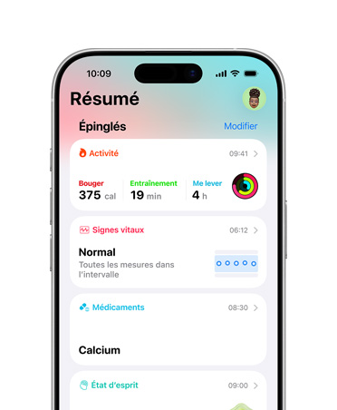 Résumé de santé épinglé sur iPhone