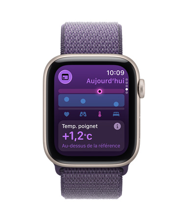 Apple Watch SE 3, boîtier en aluminium, comète, app Signes vitaux, tableau des données de santé, notification d’anomalies dans les signes vitaux nocturnes, côté droit extérieur, Digital Crown, bracelet sport à rabat, brume violette