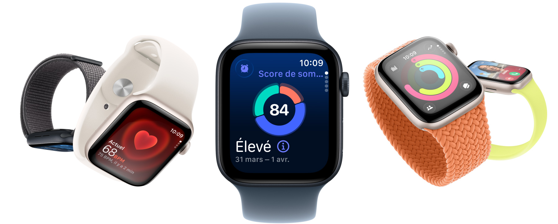 Appareils Apple Watch SE 3, boîtiers en aluminium, comète et minuit, écrans : app Signes vitaux, app Fréquence cardiaque, score de sommeil, anneaux d’activité, appel entrant