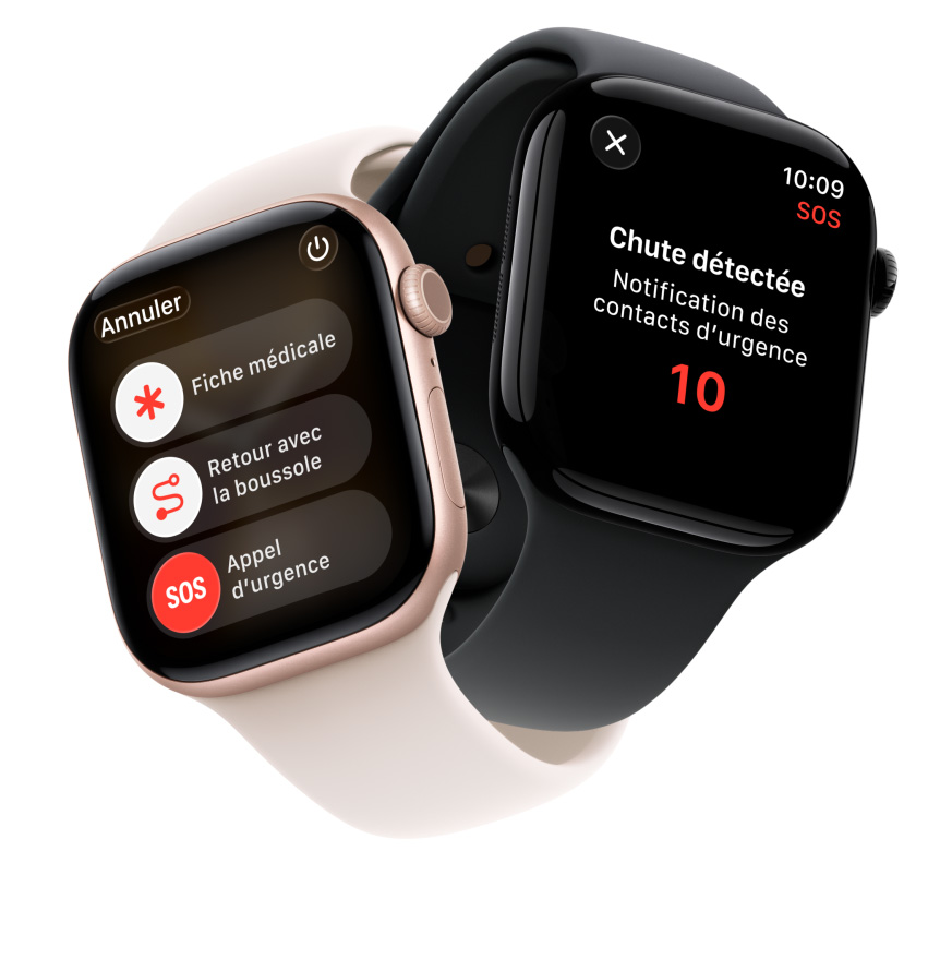 Deux montres Apple Watch Series 11, boîtiers en aluminium, or rose et noir de jais poli, fonctionnalités de sécurité à l’écran : fiche médicale, retour avec la boussole, appel d’urgence, bracelets sport, rose tendre et noir
