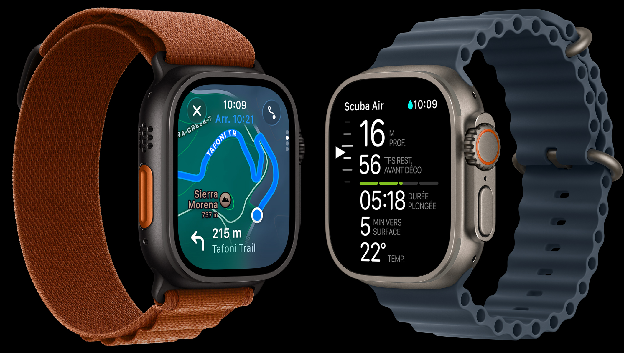 Deux Apple Watch Ultra 3, boîtiers en titane, noir et naturel, carte d’une randonnée, données de plongée