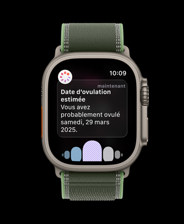 Apple Watch Ultra 3, natural titanium case, ovulation date estimation notification from Cycle Tracking in Health app, band, Trail Loop, blue/bright blue