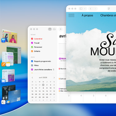 Écran affichant plusieurs fenêtres et apps sous macOS Tahoe, dont Keynote, Pages, Mail et un site web présentant du contenu sur un lieu de détente serein.