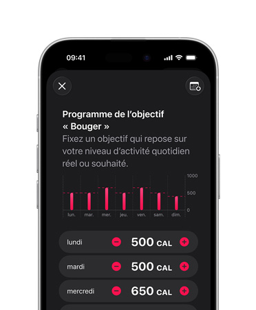 iPhone 16 Pro, titane noir, horaire détaillé de l’objectif Bouger quotidien