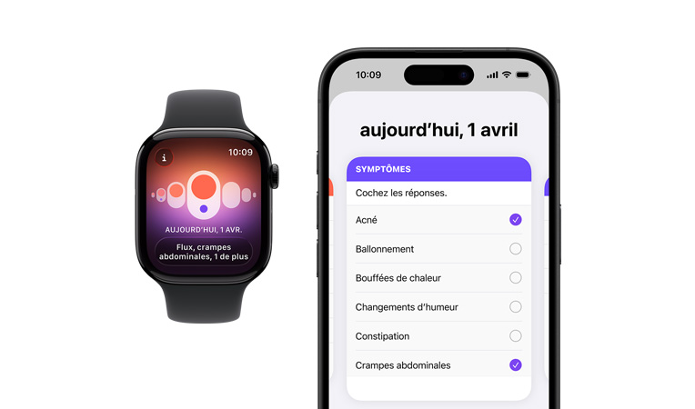Apple Watch Series 11, boîtier en titane, or, app Suivi du cycle, sélecteur de symptômes quotidiens ouvert sur un iPhone jumelé