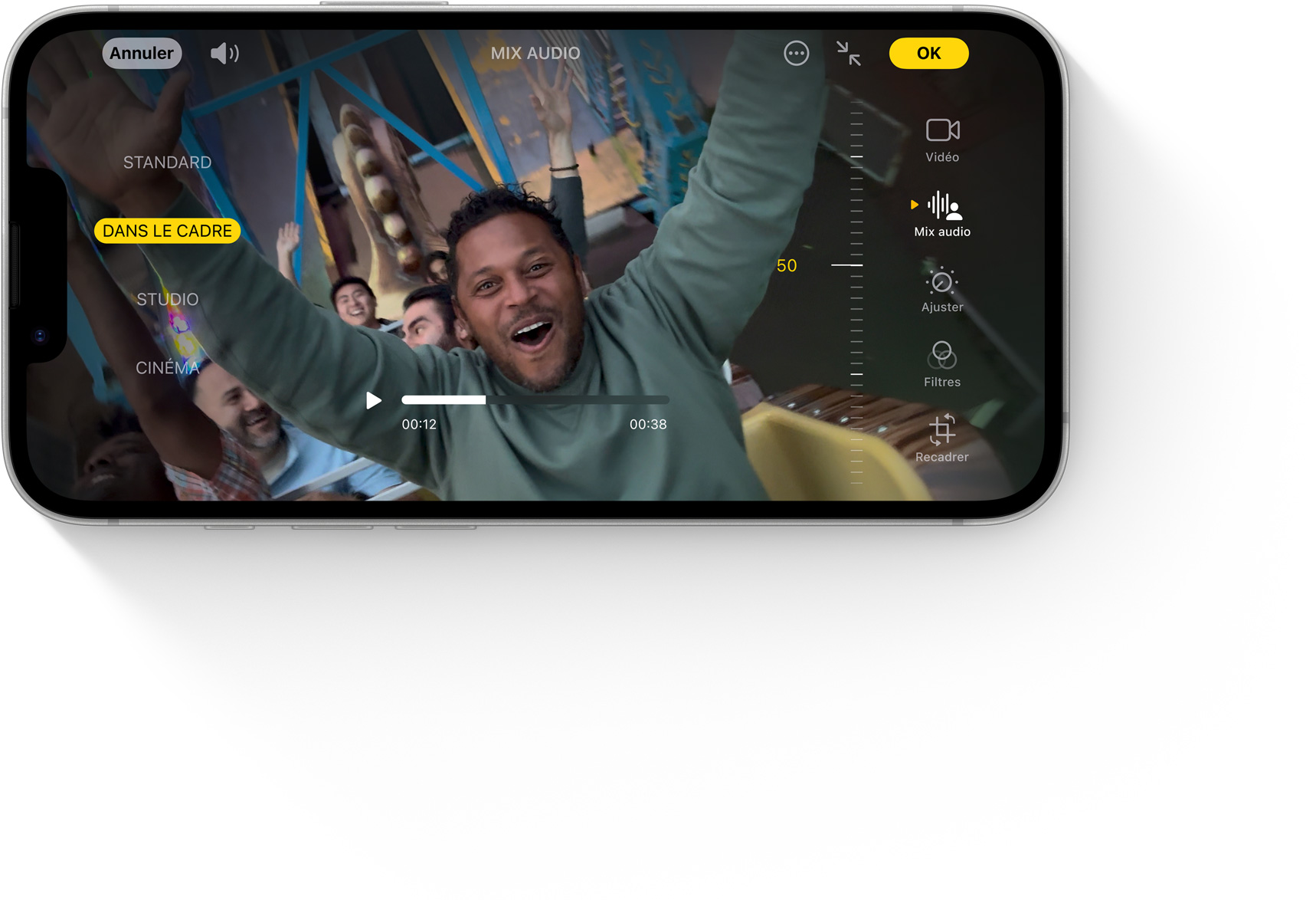 iPhone seize-e montrant l’utilisation du mix audio.