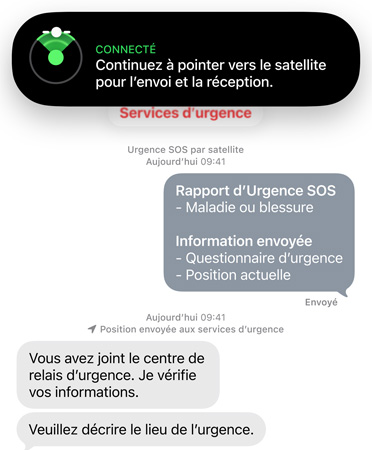 Fonctionnalité Urgence SOS par satellite en cours d’utilisation communiquant avec les secours pour aider une personne malade ou blessée