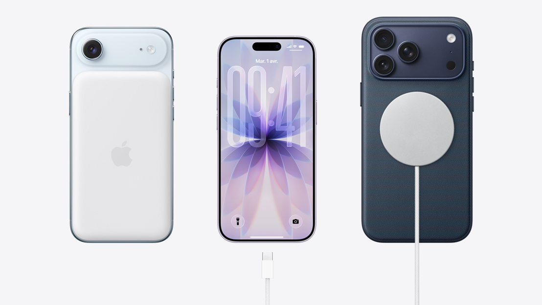 Côte à côte. Face arrière d’un iPhone Air avec batterie MagSafe connectée, face avant d’un iPhone 17 avec écran intégral, câble de recharge USB-C à proximité du port, face arrière d’un iPhone 17 Pro branché à un câble de recharge MagSafe