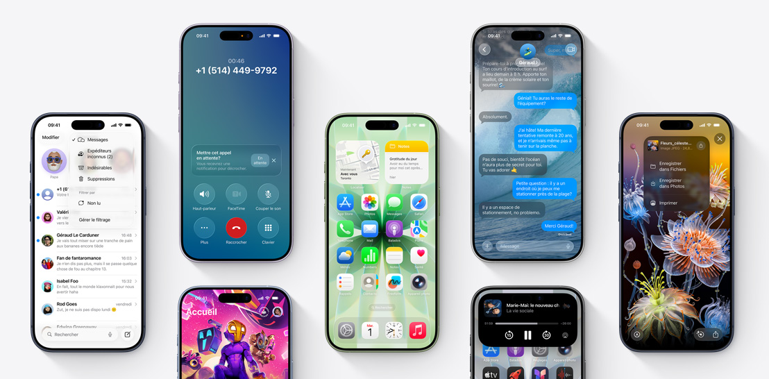 Plusieurs iPhone 17 et 17 Pro, leurs écrans affichant différentes fonctionnalités d’iOS 26 et d’Apple Intelligence