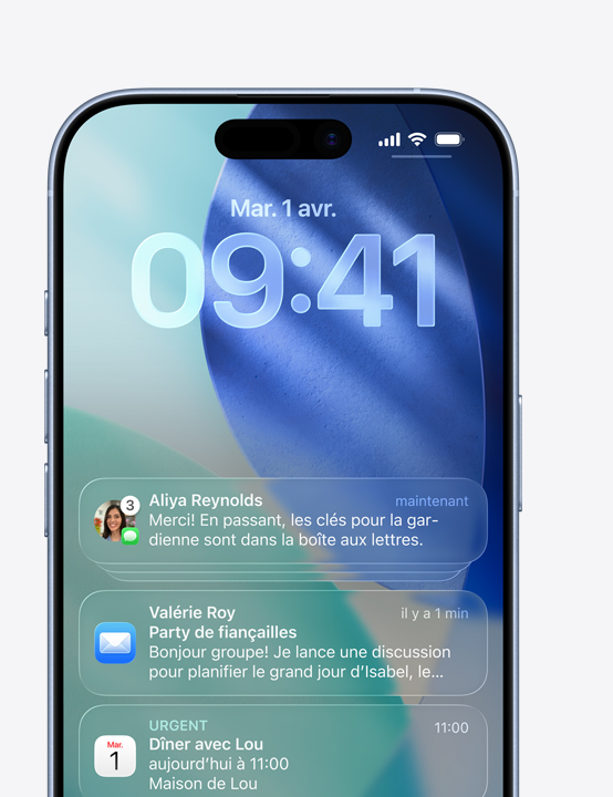 iPhone affichant des notifications de Messages, Mail et Calendrier
