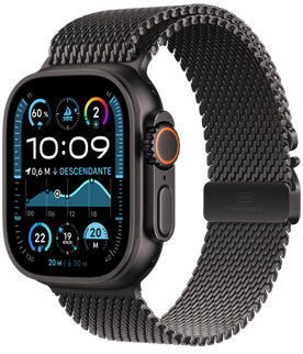 Une Apple Watch Ultra 2 avec un boîtier en titane noir et un bracelet milanais en titane noir.