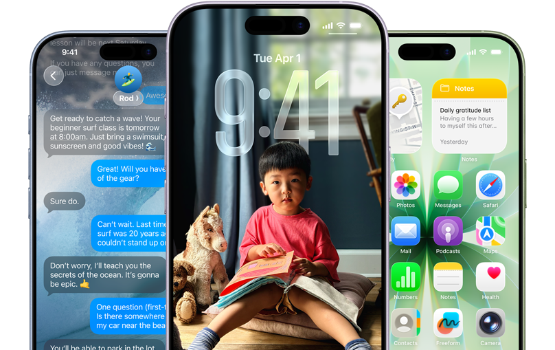 iPhone 17 devices, front exterior, colours: mist blue, lavender, sage, iOS features - Background with messages, Liquid Glass showing the Lock Screen and Home Screen with various apps displayed