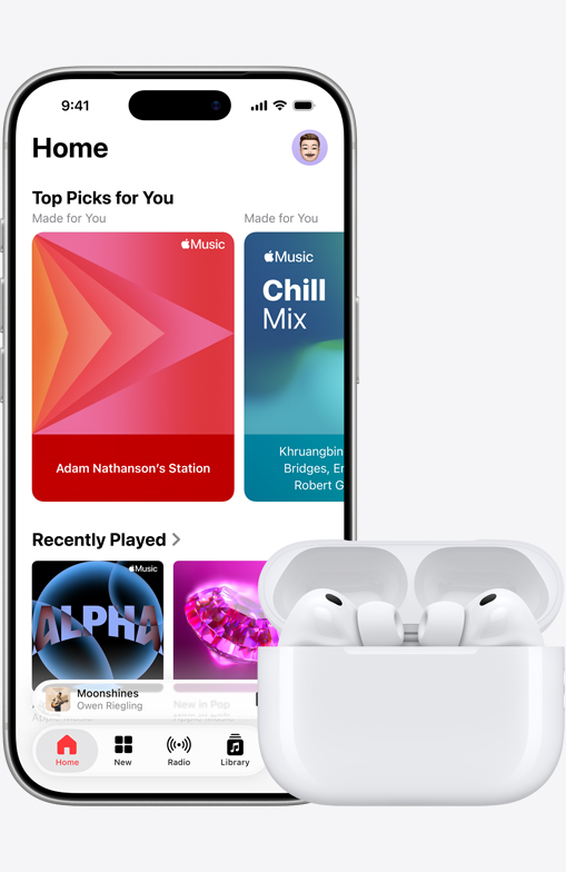 iPhone 16 playing music next to AirPods