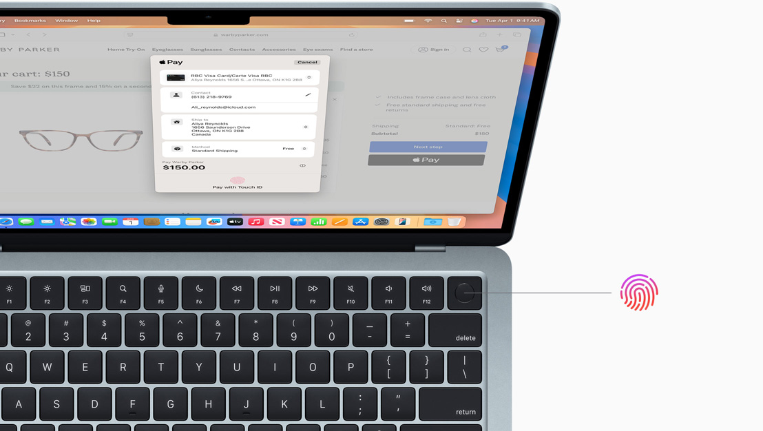 An open MacBook Air in Sky Blue, demonstrating the location of the Touch ID button.