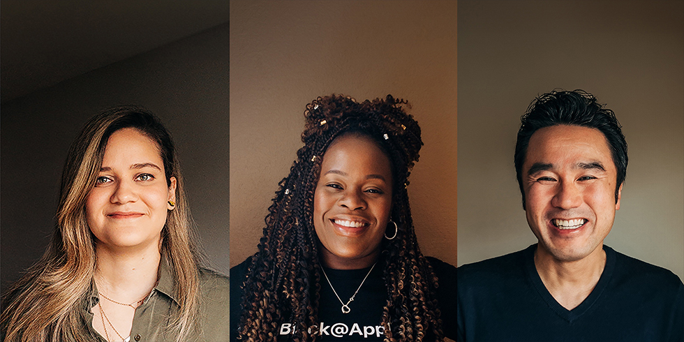 Tres retratos de integrantes del equipo de Apple.