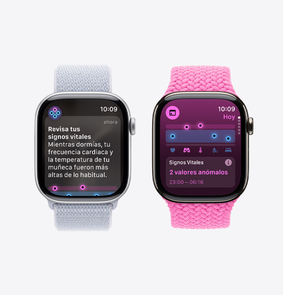 Una notificación que pide revisar los signos vitales aparece en un Apple Watch Series 10. La app Signos Vitales muestra los signos vitales nocturnos con dos valores anómalos en otro Apple Watch Series 10.