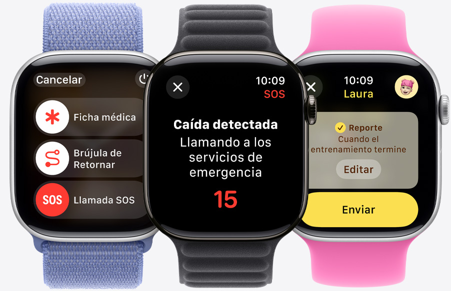 El control de Llamada SOS se muestra junto a los controles de Ficha Médica y la Brújula de Retornar en un Apple Watch Series 10. Notificación de Detección de Caídas en un Apple Watch Series 10. Reporte a punto de ser enviado en un Apple Watch Series 10.